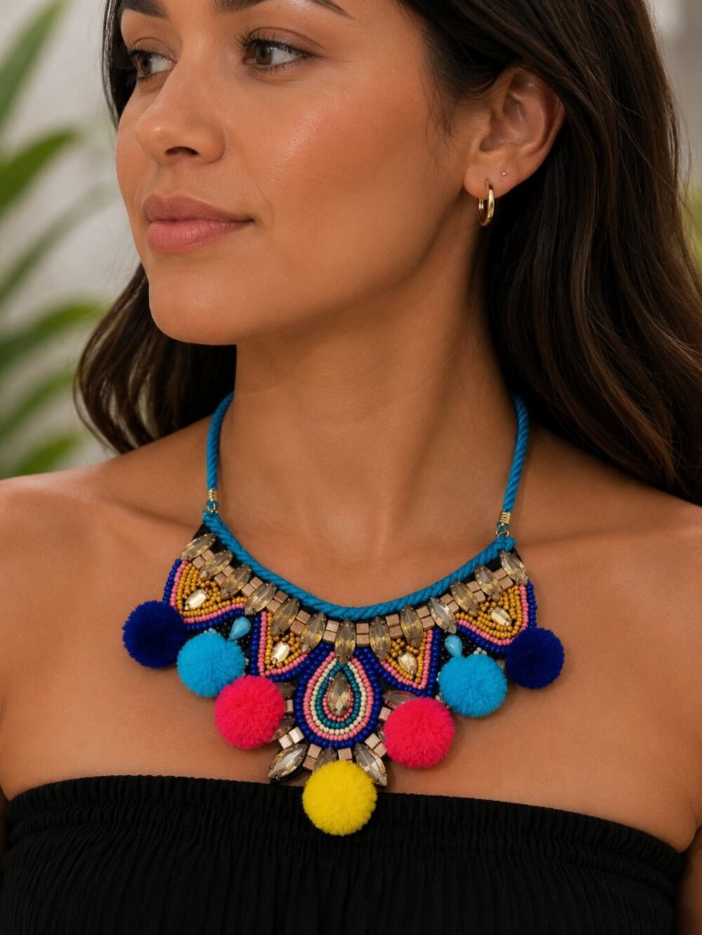 Mia Blue Beaded Pom Pom Statement Necklace